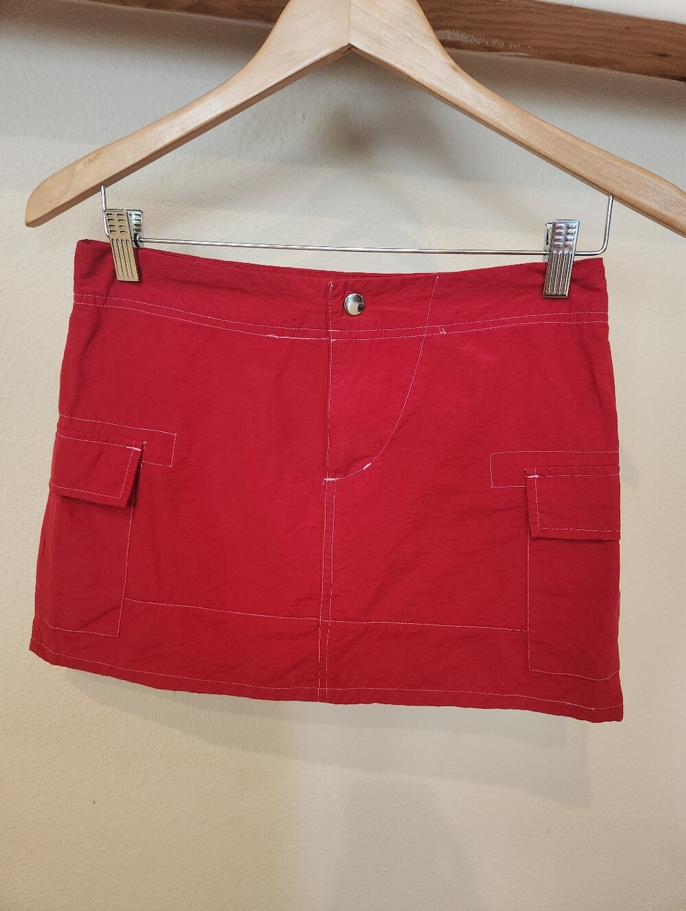 Miken Red Sporty And Soft Cotton Skirt With Velcro Flap Pockets.